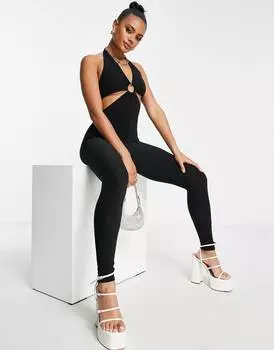 Черный комбинезон с вырезами на шее и кольцами ASOS DESIGN