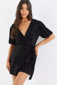 Черный комбинезон с запахом и пайетками QUIZ Clothing
