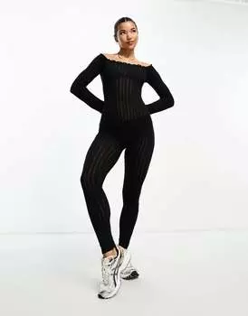 Черный комбинезон узкого кроя с узором «балерина» и вырезом «кармен» ASOS