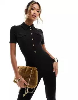 Черный комбинезон в рубчик с короткими рукавами и воротником ASOS DESIGN