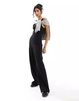 Черный комбинезон в рубчик с широкими штанинами ASOS DESIGN
