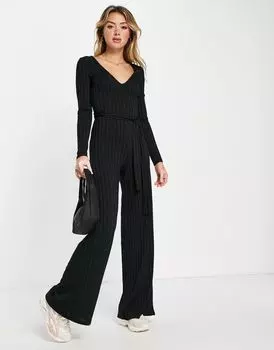Черный комбинезон в рубчик с широкими штанинами ASOS DESIGN