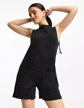 Черный комбинезон в рубчик с завязками ASOS