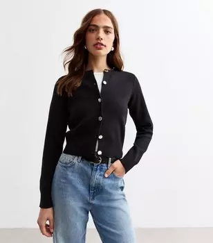 Черный компактный вязаный кардиган с золотыми пуговицами New Look, черный