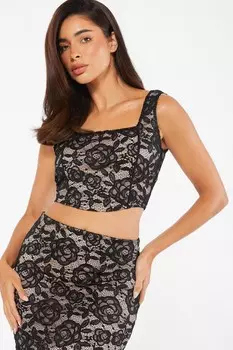 Черный контрастный кружевной укороченный топ QUIZ Clothing