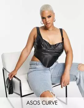 Черный корсет из искусственной кожи с крючками и петлями на спине ASOS DESIGN Curve