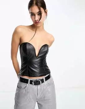 Черный корсет с глубоким вырезом из искусственной кожи ASOS