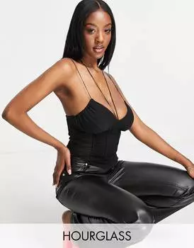 Черный корсет с сетчатыми вставками и рюшами в виде песочных часов ASOS DESIGN
