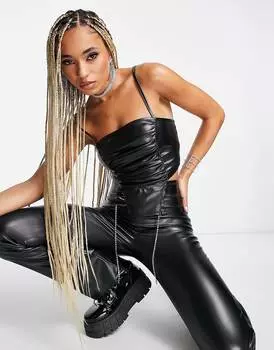 Черный корсетный топ на бретельках из искусственной кожи со сборками ASYOU