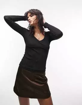 Черный корсетный топ премиум-класса с v-образным вырезом и длинными рукавами Topshop