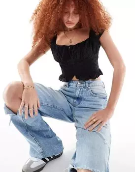 Черный корсетный топ с короткими рукавами Hollister