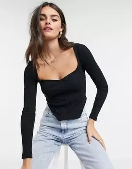 Черный корсетный топ в рубчик с очень широким вырезом ASOS DESIGN
