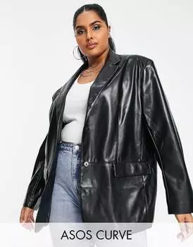 Черный кожаный пиджак оверсайз ASOS DESIGN Curve