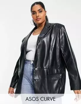 Черный кожаный пиджак оверсайз для папы ASOS Curve