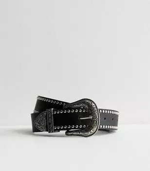 Черный кожаный ремень с пряжкой с заклепками и гравировкой New Look, черный
