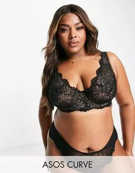 Черный кружевной бюстгальтер на косточках с высоким верхом ASOS DESIGN Curve Sienna