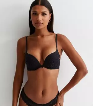 Черный кружевной бюстгальтер пуш-ап с глубоким вырезом и животным принтом New Look, черный