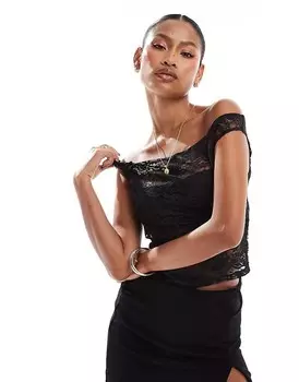 Черный кружевной топ с асимметричными бретельками и открытыми плечами ASOS DESIGN