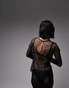Черный кружевной топ с длинными рукавами и ресницами Topshop