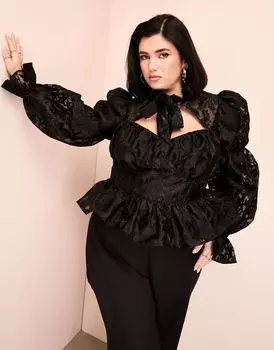 Черный кружевной топ с пышными рукавами и бантом ASOS LUXE Curve