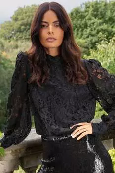 Черный кружевной топ с воротником стойкой Ro&Zo, черный