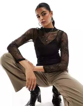 Черный кружевной топ с высоким воротником Vila