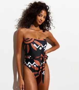 Черный купальник-бандо с принтом Sun и поясом New Look, черный