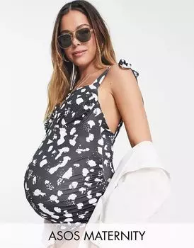 Черный купальник для беременных ASOS DESIGN в белый горошек, со сборками на груди и завязками на плечах