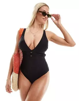 Черный купальник Ivory Rose с большим бюстом, кольцом спереди и V-образным вырезом, два размера