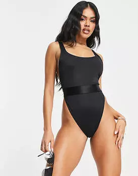 Черный купальник с эластичными стрингами и высокими штанинами ASOS DESIGN
