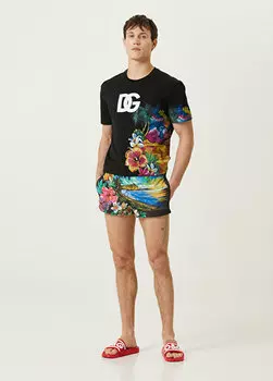 Черный купальник с цветочным узором и шнуровкой на талии Dolce&Gabbana
