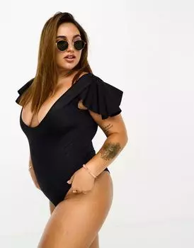 Черный купальник с глубоким вырезом и развевающимися рукавами ASOS DESIGN Curve