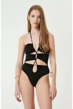 Черный купальник с глубоким вырезом и оборками Network, черный