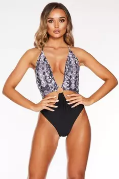 Черный купальник с глубоким вырезом и принтом змеи QUIZ Clothing