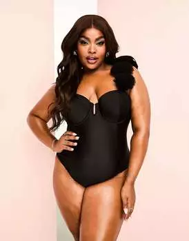 Черный купальник с открытыми плечами и тюлевыми ремешками-корсажами ASOS LUXE Curve