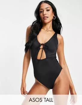 Черный купальник с вырезом и завязкой спереди ASOS DESIGN Tall