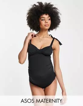Черный купальник с завязками на плечах и сборками на груди ASOS DESIGN Maternity