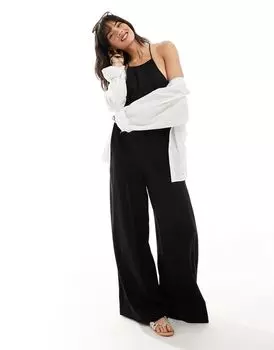 Черный льняной комбинезон с воротником-борцовкой ASOS DESIGN Crosshatch