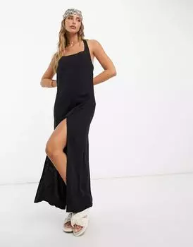 Черный льняной сарафан макси с бретелькой на шее и завязками ASOS