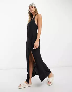 Черный льняной сарафан макси с узлом и бретельками ASOS DESIGN