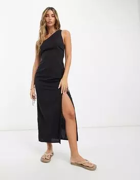 Черный льняной сарафан миди на одно плечо с разрезом на бедрах ASOS DESIGN