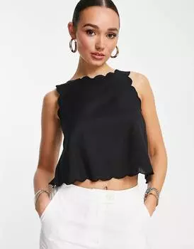 Черный льняной топ с фестонами и разрезом на спине ASOS DESIGN