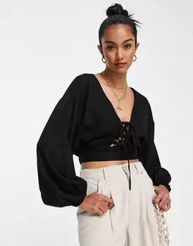 Черный льняной топ со шнуровкой спереди и объемными рукавами ASOS
