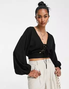 Черный льняной топ со шнуровкой спереди и объемными рукавами ASOS DESIGN