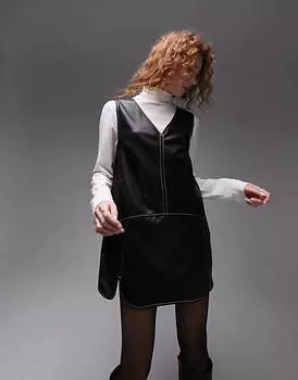 Черный мини-сарафан из искусственной кожи с отделкой Soft Touch Topshop