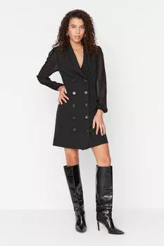 Черный мини-тканый жакет на пуговицах Тканое платье Trendyol