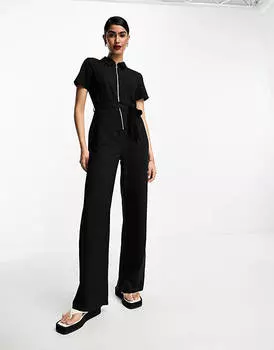 Черный мягкий комбинезон с поясом Miss Selfridge