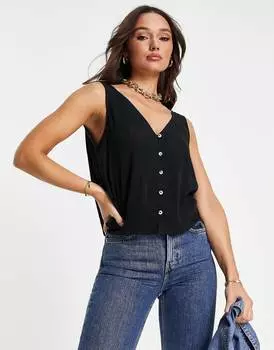 Черный мятый жилет с v-образным вырезом и пуговицами ASOS DESIGN