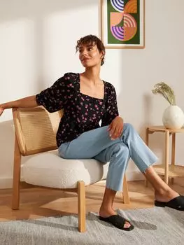 Черный мульти-топ John Lewis Anyday с квадратным вырезом и пышными рукавами и цветочным принтом