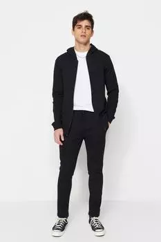Черный мужской спортивный костюм стандартного кроя с капюшоном и молнией, вафельный комплект Trendyol